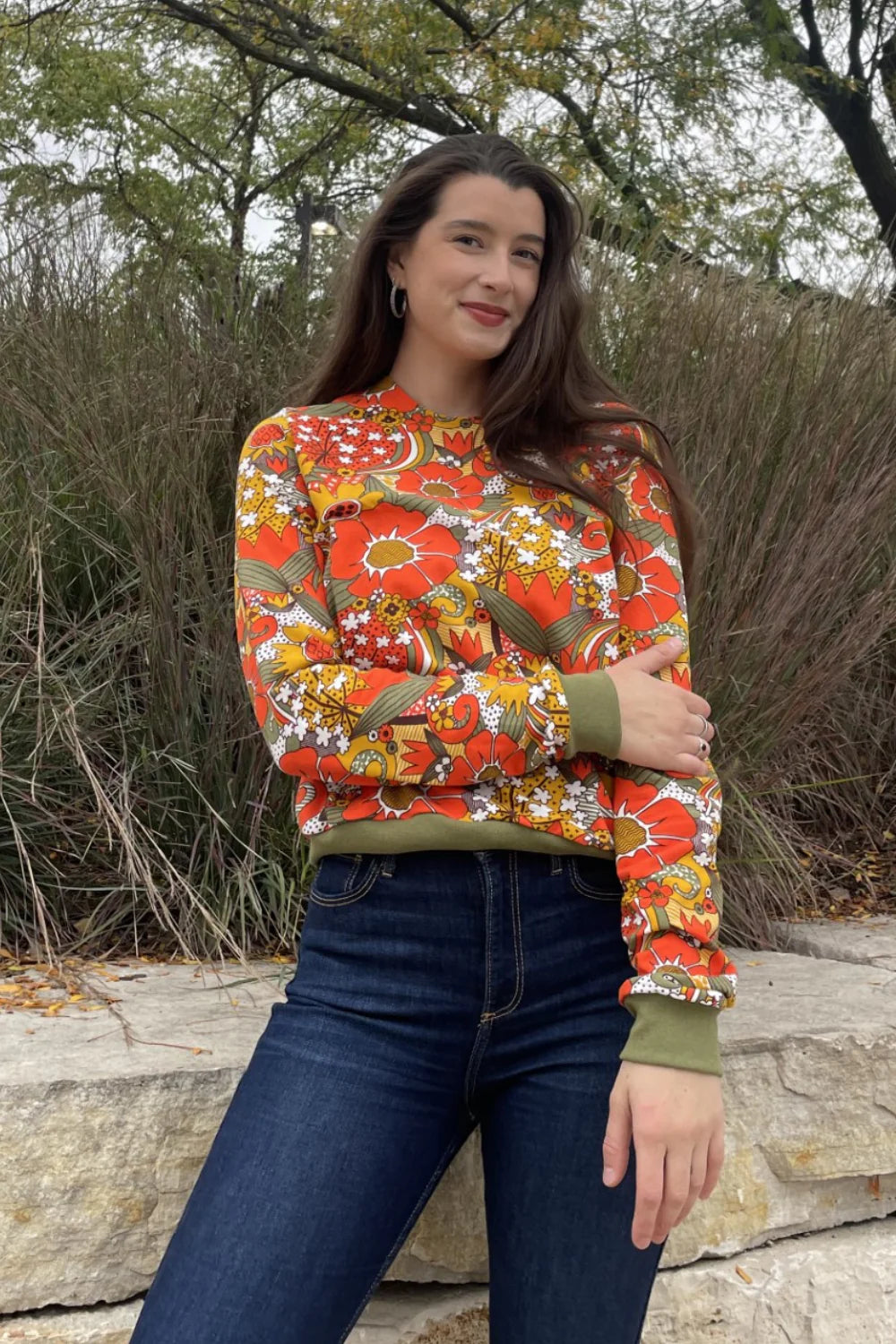 Groovy Floral Pullover in Orange & Olive