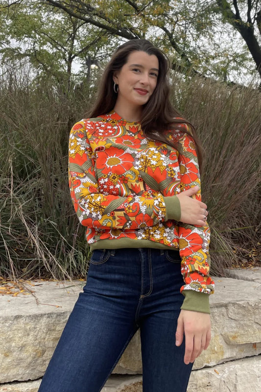 Groovy Floral Pullover in Orange & Olive