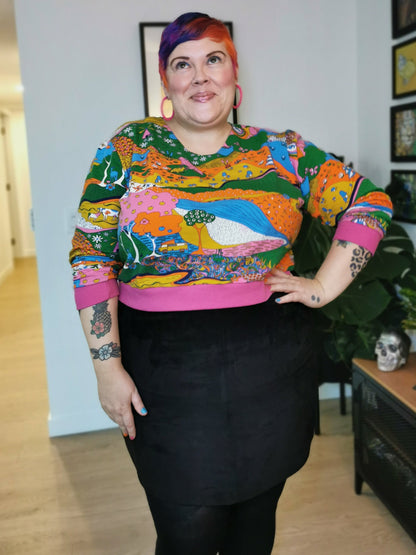 Landscape Pullover in Rainbow with Fuchsia Cuffs