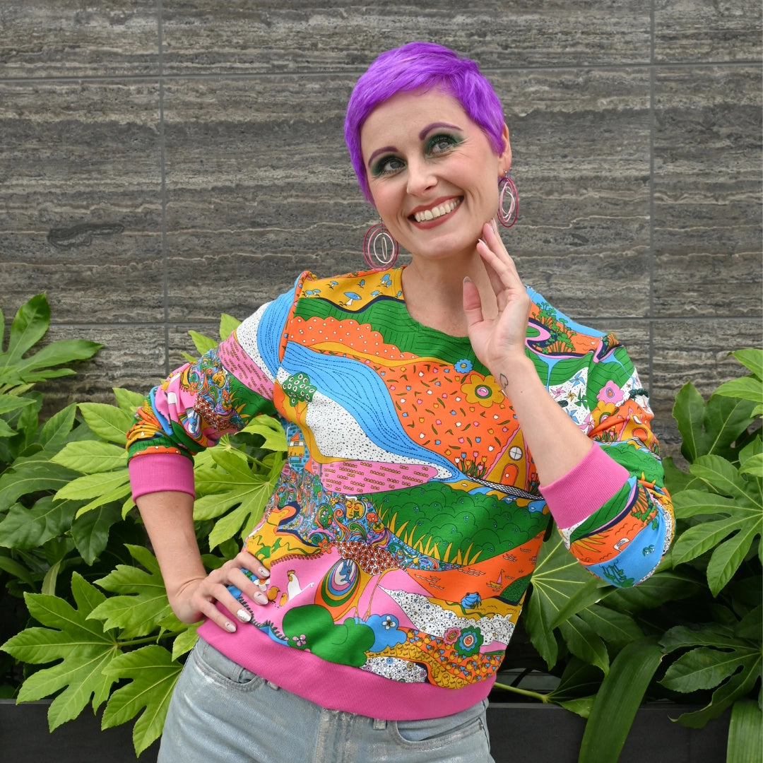 Landscape Pullover in Rainbow with Fuchsia Cuffs