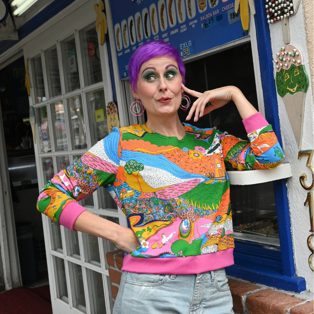 Landscape Pullover in Rainbow with Fuchsia Cuffs