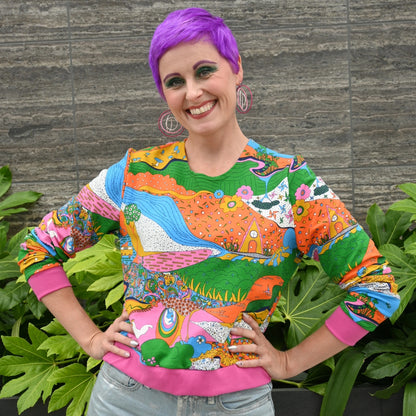 Landscape Pullover in Rainbow with Fuchsia Cuffs