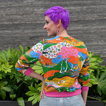 Landscape Pullover in Rainbow with Fuchsia Cuffs