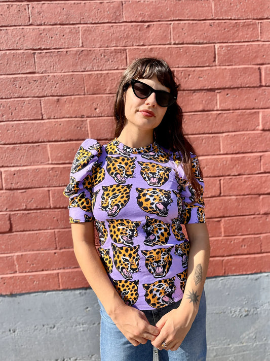 Cheetah Head Puff Sleeve Top